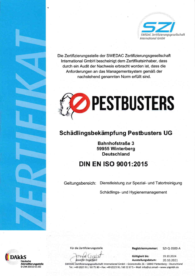 Pestbusters Zertifikat DIN EN ISO 9001-2015